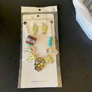 Sugar Skulls Bejeweled Eyes Necklace & Matching Pierced Earrings. D375